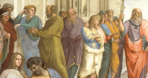 «Είμαι ο φοβερός σοφιστής Περεγρίνος και τώρα θα σας βγάλω λόγο»! Λεπτομέρεια από το φρέσκο του Ραφαήλ, Η σχολή των Αθηνών, 1509-1511 (500 × 770 εκ., Βατικανό). Αριστερά της σύνθεσης, διακρίνεται ο Σωκράτης που απευθύνεται στον νεαρό Αισχίνη. Δεξιά, με υψωμένο το δάχτυλο, απεικονίζεται ο Πλάτων, οικοδεσπότης στην Πλατωνική Ακαδημία. Ο Ραφαήλ φρόντισε να μην απεικονίσει τους σοφιστές, επειδή η αντιμετώπισή τους ως διακριτής ομάδας φιλοσόφων με κοινή ταυτότητα είναι σε μεγάλο βαθμό μια κατασκευή του Πλάτωνα, που επιβλήθηκε στους μεταγενέστερους. Στον Πλάτωνα επίσης οφείλεται και η αρνητική χροιά που πήρε η λέξη «σοφιστής», μια σημασία που δεν πρέπει να ήταν καθιερωμένη, αν σκεφτεί κανείς ότι, πενήντα χρόνια μετά το θάνατο του Σωκράτη, ο μαθητής του Αισχίνης (Κατά Τιμάρχου 125, 173, 175) δεν διστάζει να αποκαλέσει τον Σωκράτη και τον Δημοσθένη «σοφιστές».