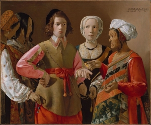 Georges de La Tour, &Tau;&sigma;&iota;&gamma;&gamma;ά&nu;&alpha; &pi;&omicron;&upsilon; &lambda;έ&epsilon;&iota; &tau;&eta; &mu;&omicron;ί&rho;&alpha;, &lambda;ά&delta;&iota; &sigma;&epsilon; &kappa;&alpha;&mu;&beta;ά, 1635. &Tau;&omicron; &epsilon;&nu;&delta;&iota;&alpha;&phi;έ&rho;&omicron;&nu; &tau;&omicron;&upsilon; έ&rho;&gamma;&omicron;&upsilon; &epsilon;ί&nu;&alpha;&iota; &eta; &mu;&omicron;&rho;&phi;ή &tau;&eta;&sigmaf; &Tau;&sigma;&iota;&gamma;&gamma;ά&nu;&alpha;&sigmaf; &alpha;&lambda;&lambda;ά &kappa;&alpha;&iota; &tau;&omicron; &xi;ά&phi;&rho;&iota;&sigma;&mu;&alpha; &tau;&iota;&mu;&alpha;&lambda;&phi;ώ&nu; &alpha;&pi;ό &tau;&omicron;&upsilon;&sigmaf; &omicron;&mu;&omicron;&epsilon;&theta;&nu;&epsilon;ί&sigmaf; &tau;&eta;&sigmaf;, &tau;&eta;&nu; ώ&rho;&alpha; &pi;&omicron;&upsilon; &omicron; ά&pi;&epsilon;&iota;&rho;&omicron;&sigmaf; &alpha;&pi;ό &tau;&eta; &zeta;&omega;ή &nu;&epsilon;&alpha;&rho;ό&sigmaf; &epsilon;&upsilon;&gamma;&epsilon;&nu;ή&sigmaf; &alpha;&phi;ή&nu;&epsilon;&tau;&alpha;&iota; &alpha;&pi;&epsilon;&rho;ί&sigma;&pi;&alpha;&sigma;&tau;&omicron;&sigmaf; &sigma;&tau;&iota;&sigmaf; &pi;&rho;&omicron;&phi;&eta;&tau;&epsilon;ί&epsilon;&sigmaf; &tau;&eta;&sigmaf;.  