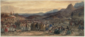 Theodor Leblanc, Ελληνικές στρατιωτικές δυνάμεις στο Μοριά, περ. 1929. Ο γάλλος ζωγράφος Τεοντόρ Λεμπλάν βρέθηκε στην Ελλάδα ως στρατιώτης και ζωγράφισε πολλά θέματα από την τελευταία περίοδο της Επανάστασης. Σε αυτό το πανόραμα, αριστερά, διακρίνονται αρχηγοί που συζητούν (ανάμεσά τους ο Θεόδωρος Κολοκοτρώνης και πιθανόν ο Νικηταράς) ενώ πίσω τους βρίσκονται καμήλες, λάφυρα από τις μάχες κατά του εχθρού, που χρησιμοποιούνταν ως μεταγωγικά μέσα. Δεξιά, μικρό απόσπασμα ιππικού και, μπροστά, άνδρες που αναπαύονται, ένας παπάς, παιδιά και σκυλιά.