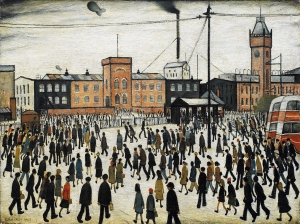 L S Lowry, Στο δρόμο για τη δουλειά (Βιομηχανικοί εργάτες στην εταιρεία Mather &amp; Platt του Μάντσεστερ πηγαίνουν για δουλειά, μέσ’ στο χιόνι), 1943. Λάδι σε καμβά, 45,7 x 60,9 εκ. Από τότε έως σήμερα, η εργασία έχει αλλάξει δραματικά, με αποτέλεσμα τέτοιες εικόνες να παραπέμπουν πλέον στη βιομηχανική αρχαιολογία.