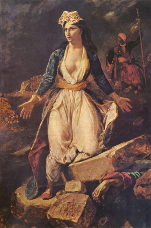 Eug&egrave;ne Delacroix, &Eta; &Epsilon;&lambda;&lambda;ά&delta;&alpha; &sigma;&tau;&alpha; &epsilon;&rho;&epsilon;ί&pi;&iota;&alpha; &tau;&omicron;&upsilon; &Mu;&epsilon;&sigma;&omicron;&lambda;&omicron;&gamma;&gamma;ί&omicron;&upsilon;, &lambda;ά&delta;&iota; &sigma;&epsilon; &kappa;&alpha;&mu;&beta;ά, 208 &times; 147 &epsilon;&kappa;. (1826).  