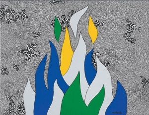 &Alpha;&lambda;έ&xi;&eta;&sigmaf; &Alpha;&kappa;&rho;&iota;&theta;ά&kappa;&eta;&sigmaf;, Flames, (1970), &tau;έ&mu;&pi;&epsilon;&rho;&alpha; &sigma;&epsilon; &chi;&alpha;&rho;&tau;ί, 50x65 &epsilon;&kappa;.